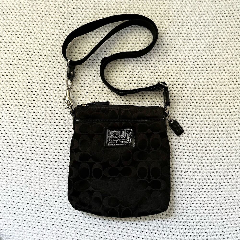 Coach Black Canvas Signature Poppy Patent Patch Small Slim Crossbody Bag